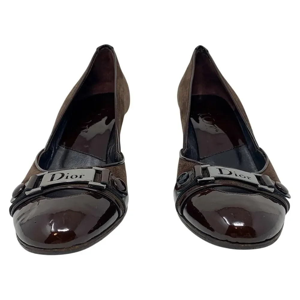 Vintage Dior Galliano Era Street Chic Brown Suede Patent Leather Logo Pumps 37.5